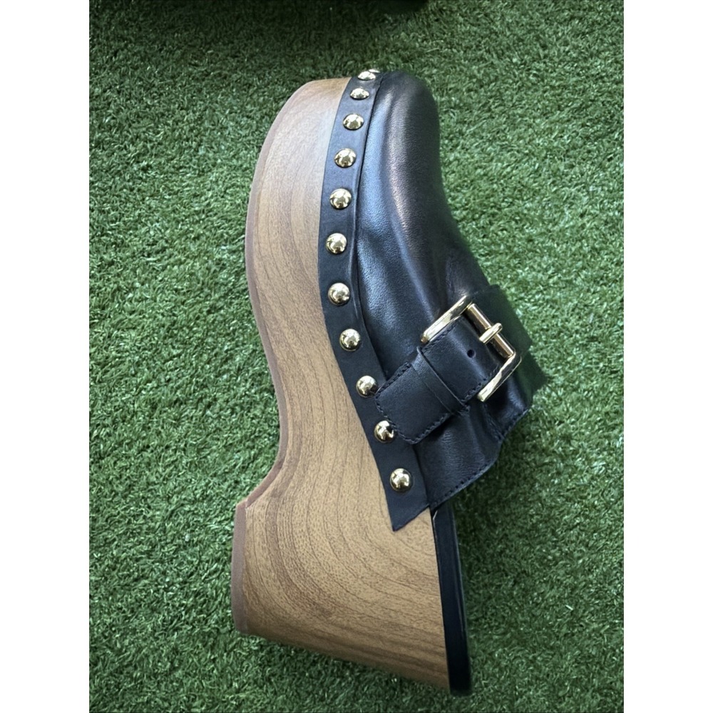 NIB Michael Kors Rye Platform Clogs Black Leather Gold Studded Mule 9M - Picture 9 of 9